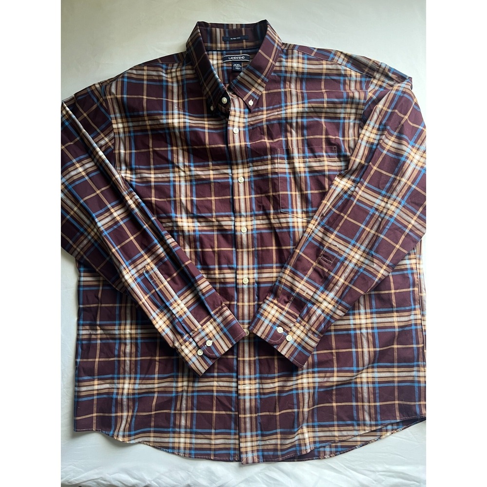 Land's End Men's Dress Shirt Size XXL Button Up Plaid No Iron Traditional Fit